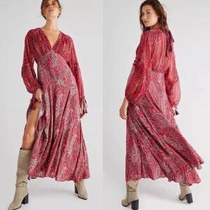 Free People Sz 6 Mirage Maxi Dress Paisley Printed Long Dress In Ruby